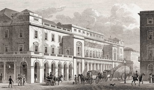 The Italian Opera, Haymarket, London, UK, illustration by Th. H. Shepherd, 1828