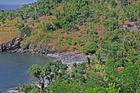 Forested east coast with outrigger boats near Amed, Bali, Indonesia, Asia