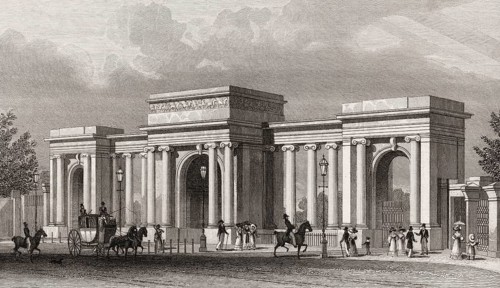 Grand entrance to Hyde Park, London, UK, illustration by Th. H. Shepherd, 1826