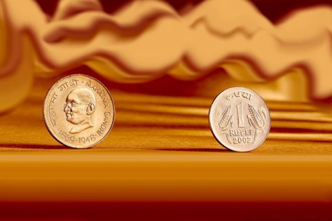 Double pair Indian currency one rupees coin and artistic background backside front side & backside