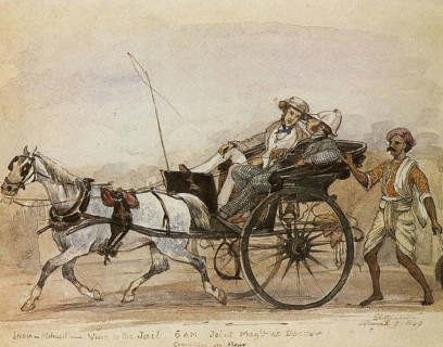 British men in horse cart visit to jail, India, 1995, Asia