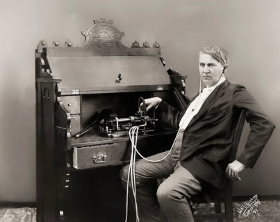 Thomas Alva Edison with his cylinder phonograph, digitally edited