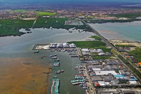 Small harbour with many boats, aerial view on departure from Denpasar, Bali, Indonesia, Asia