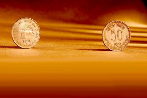 Double pair Indian currency fifty paise coin front side and backside manner embossed tiger golden