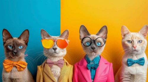 Four cats in colorful outfits, each with glasses and a bow tie, AI generated