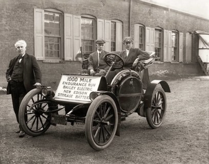 Thomas Edison with his Electric automobile 1910, together with Captain W. Langdon, Bailey Co. test