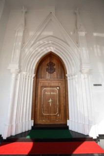 Main door of Bible tower at the rear of Shrine Basilica of Our Lady of Dolours built in1940,