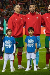 Football match, Cristiano RONALDO CR7 Portugal left singing the national anthem of Portugal with