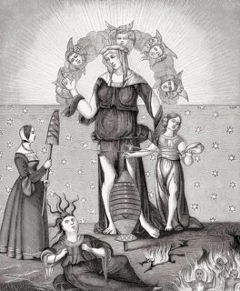 Allegorical illustration of the Dame Astrology with the Three Fates, after a 16th century French