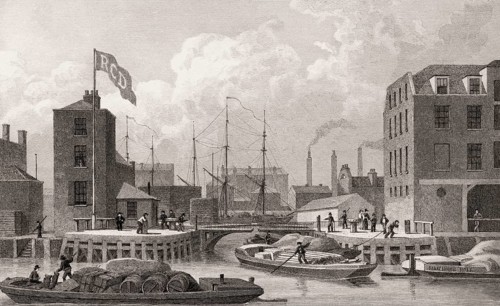 Entrance to the Regent's Canal, Limehouse, London, illustration by Th. H. Shepherd, 1828