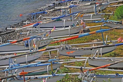 East coast with outrigger boats near Amed, Bali, Indonesia, Asia