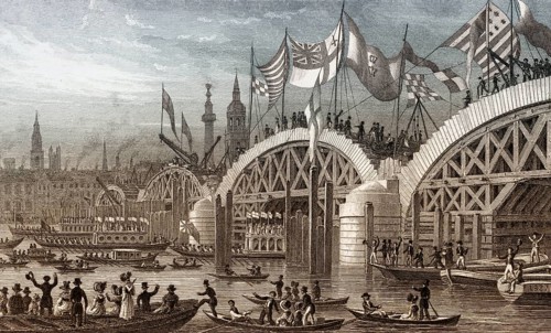New London Bridge, with the Lord Mayor's Procession 1827, London, illustration by Th. H. Shepherd