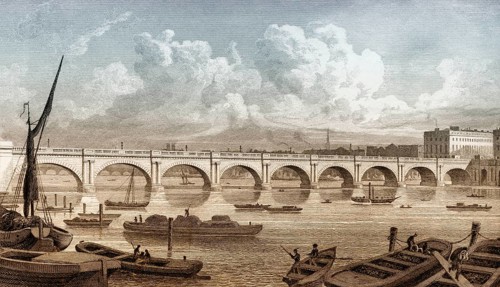 Waterloo Bridge, London, UK, illustration by Th. H. Shepherd, 1826