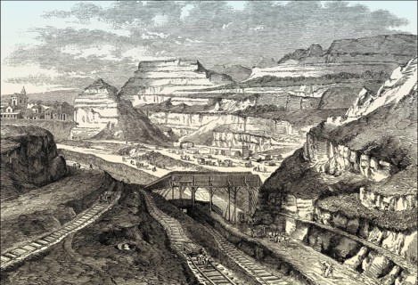 Construction site of the Parc des Buttes Chaumont, a public park in Paris, France, 19th century,