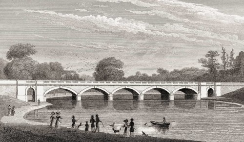 Serpentine Bridge, Hyde Park, London, UK, illustration by Th. H. Shepherd, 1826