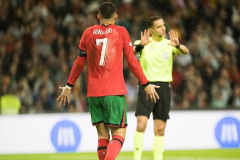 Football match, captain Cristiano RONALDO CR7 Portugal left protests energetically and angrily with