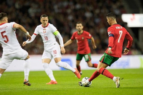 Football match, captain Cristiano RONALDO CR7 Portugal on the right with a right wing crack on the