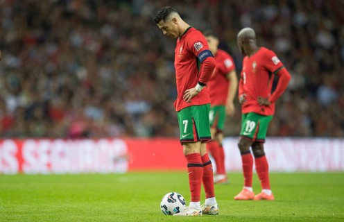 Football match, Cristiano RONALDO CR7 Portugal stands in front of the ball looking down with his
