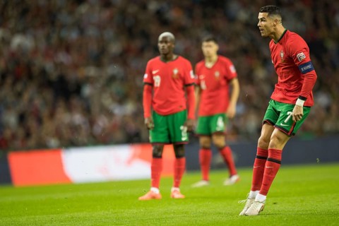 Football match, captain Cristiano RONALDO CR7 Portugal has just taken a free kick with his right