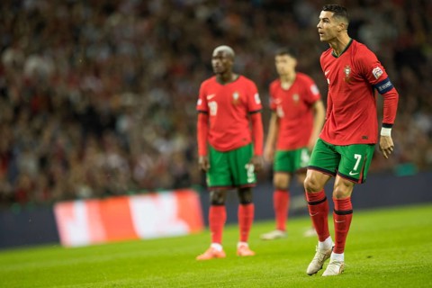 Football match, captain Cristiano RONALDO CR7 Portugal has just taken a free kick with his right