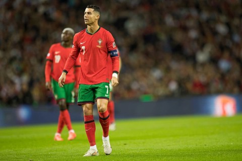 Football match, captain Cristiano RONALDO CR7 Portugal has just taken a free kick with his right