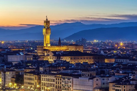View of Florence with Palazzo Vecchio in evening from Piazzale Michelangelo, Italy, Europe
