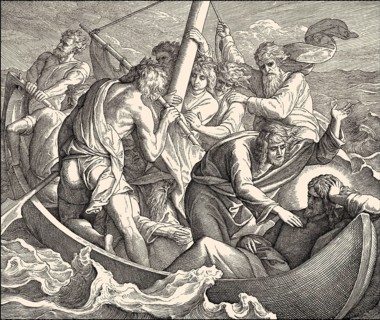 Jesus sleeps in boat during the storm, New Testament, by Julius Schnorr von Carolsfeld, 1860