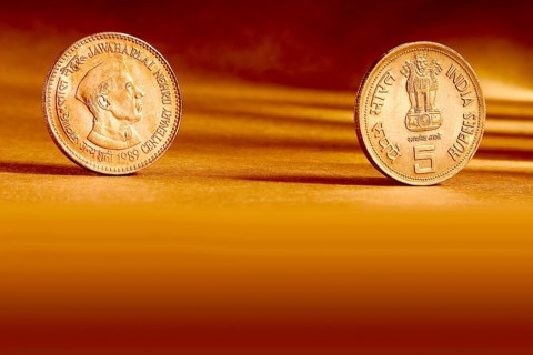 Double pair Indian currency five rupees coin front side and backside manner embossed Jawaharlal
