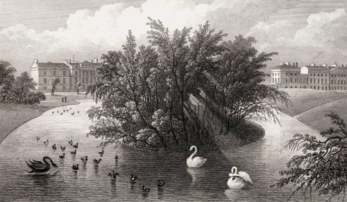 Regent's Park Lake, Cornwall Terrace, Clarence Terrace, London, UK, illustration by Th. H.