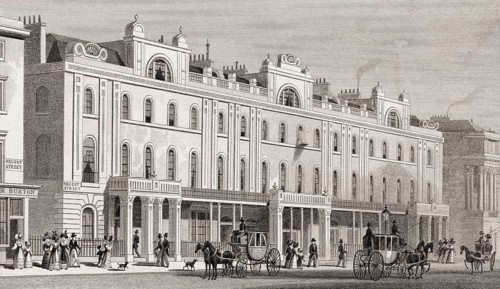 Buildings on the East Side of Regent Street, London, UK, illustration by Th. H. Shepherd, 1826