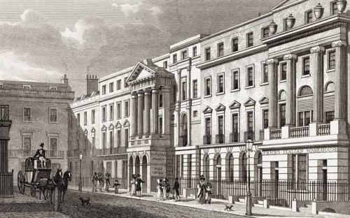 Pall Mall East and Suffolk Street, London, UK, illustration by Th. H. Shepherd, 1826