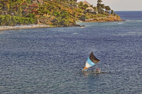 East coast with outrigger sailing boat near Amed, Bali, Indonesia, Asia
