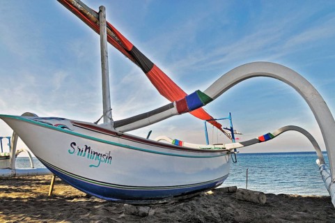 Traditional sailing boat with two outriggers, east coast near Amed, Bali, Indonesia, Asia