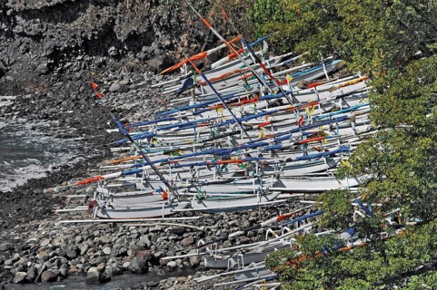 East coast with outrigger boats near Amed, Bali, Indonesia, Asia