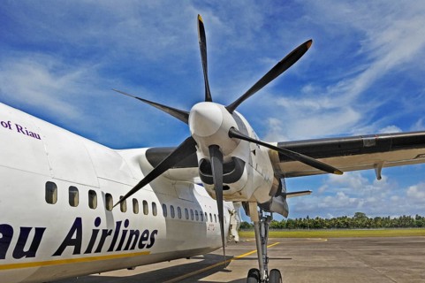 Propeller aircraft, prop jet Fokker 50, former Riau Airlines, at the airport in Labuan Bajo, Flores