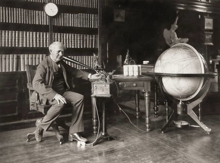 Thomas Alva Edison talking into the business phonograph or ediphone, digitally edited