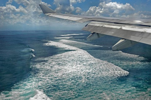 Aerial view of surf, wing with winglet, approach to Denpasar, Bali, Indonesia, Asia