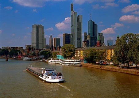 Skyline, banks, skyscrapers, Main, cargo ship, riverside promenade, Frankfurt am Main, Hesse,