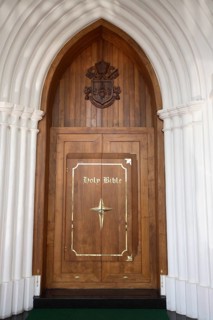 Main door of Bible tower at the rear of Shrine Basilica of Our Lady of Dolours built in1940,
