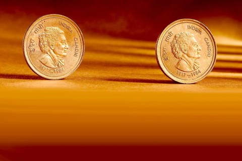 Double pair Indian currency five rupees coin front side and backside manner embossed Indira Gandhi
