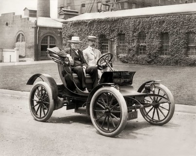 Thomas Alva Edison and Col. E.M.E. Bailey in Bailey Electric automobile powered by Edison Storage