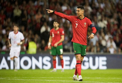 Football match, captain Cristiano RONALDO CR7 Portugal points angrily with his left arm and index