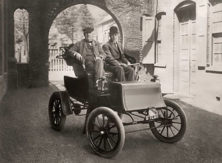 Thomas Edison and Mr. Greenfeldt in a Baker electric automobile, 1910, digitally edited