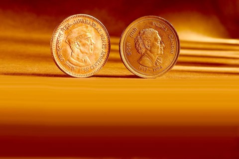 Double pair Indian currency five rupees coin front side and backside manner embossed Jawaharlal