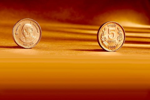 Double pair Indian currency five rupees coin front side and backside manner embossed K. Kamaraj