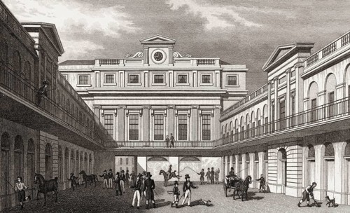 London Horse and Carriage Repository, Gray's Inn Road, London, UK, illustration by Th. H. Shepherd,