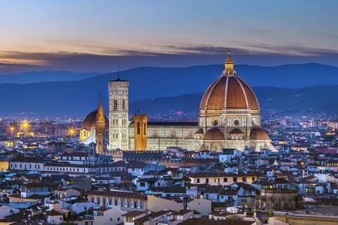 View of Florence Cathedral in evening from Piazzale Michelangelo, Italy, Europe
