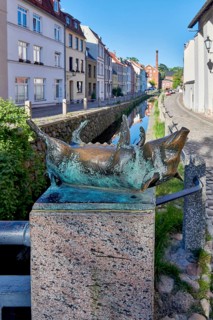 Bronze sculpture of a wild boar by the river in an urban setting, pig bridge with a group of four