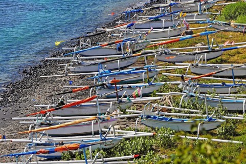 East coast with outrigger boats near Amed, Bali, Indonesia, Asia