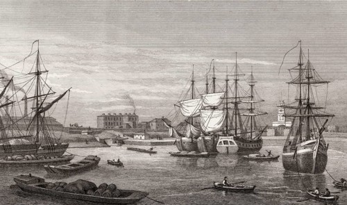 Regent's Canal Dock, Limehouse Basin, London, illustration by Th. H. Shepherd, 1828